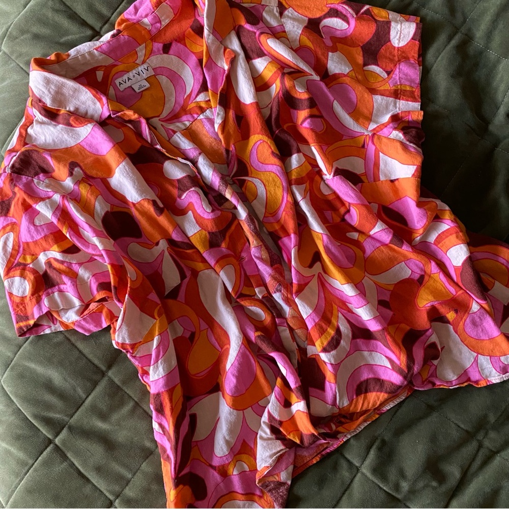 Ava & Viv Swirl Psychedelic Retro Pink Orange Button Tie Top